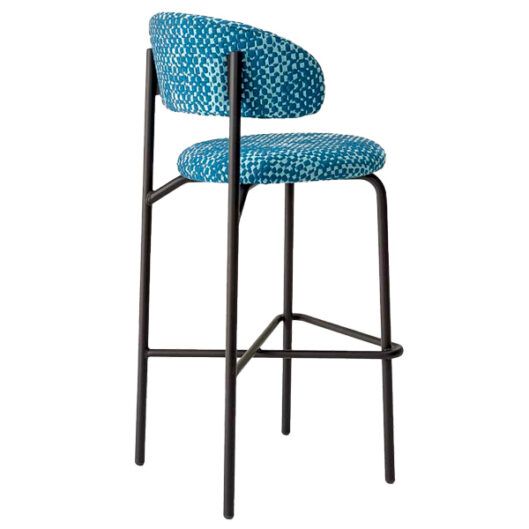 Taburete metálico con asiento y respaldo tapizados para bares y cafeterías